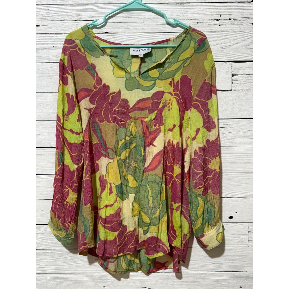 Alex & Parker Floral Blouse Womens 1XL Yellow Green Excellent Boho Long Sleeve